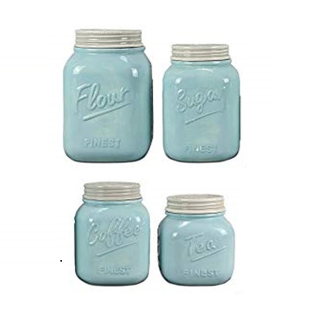 Blue Ceramic 4pc Farmhouse Country Kitchen Jar Set: Flour Sugar Coffee Tea 15651